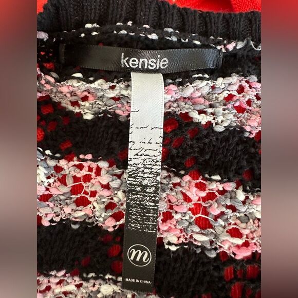 Kensie Fuzzy Striped Sweater Pink Black Gray Pullover Knit Top Size Medium - Picture 3 of 5
